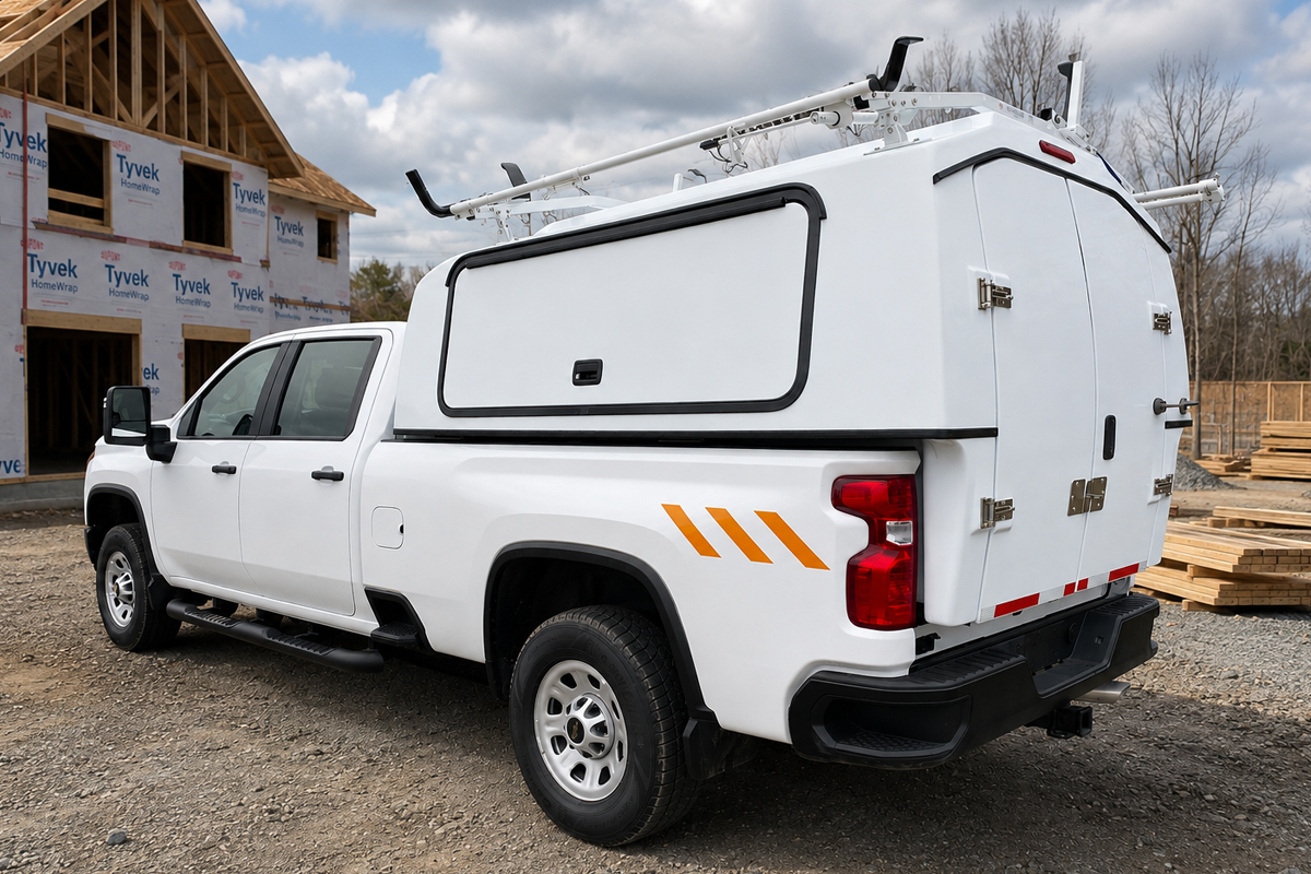 Master 60 service body with optional side door and ladder rack at a construction site